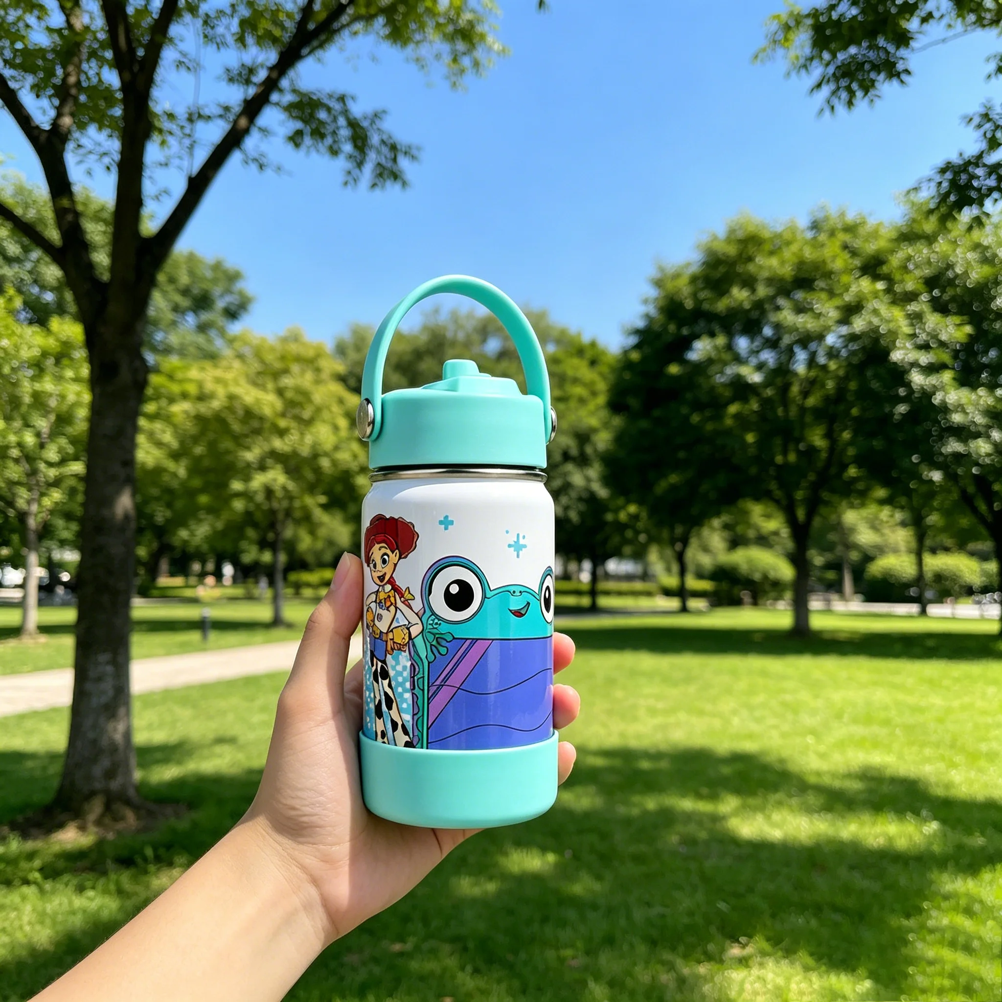 1pc 12oz Disney Jessie & Lilypad Stainless Steel Tumbler Gradient Print with Carry Handle Portable Cup for Outdoor Travel Home - view 3