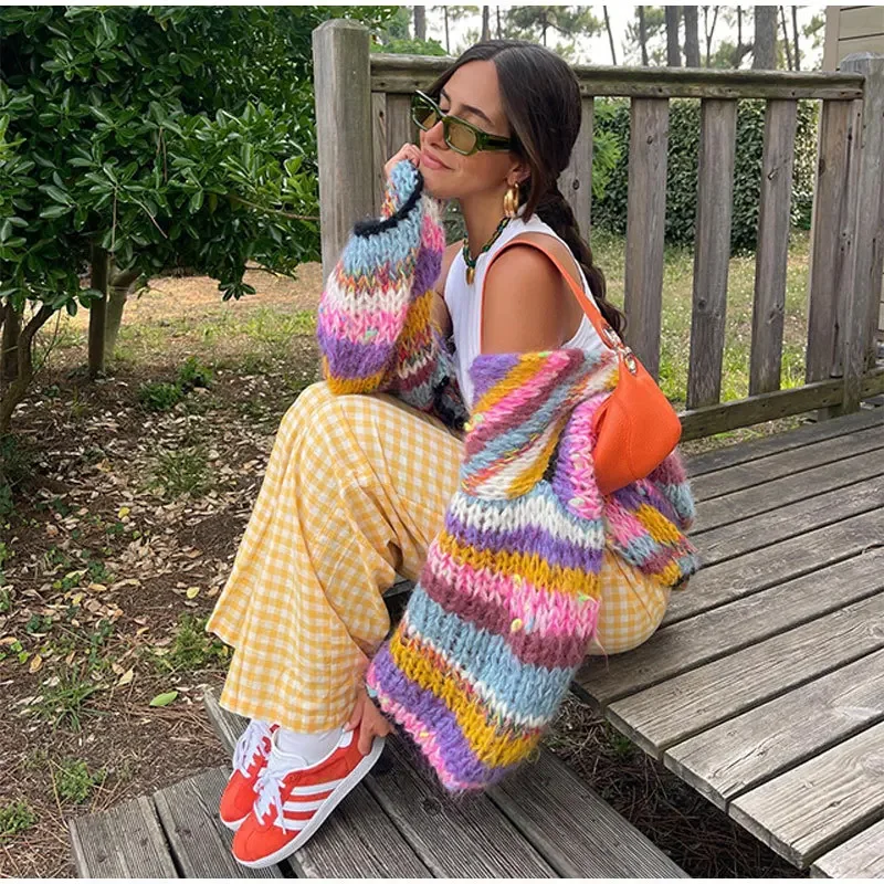 Amazon AliExpress 2024 Striped Long Sleeve Rainbow Grid Heavy Handmade Versatile Cardigan Sweater Knitted Sweater