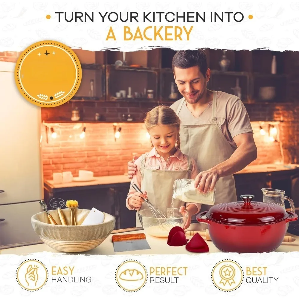 

Restaurant Sets 6 QT Enameled Cast Iron Dutch Oven Bread Baking Set with Banneton Proofing Basket