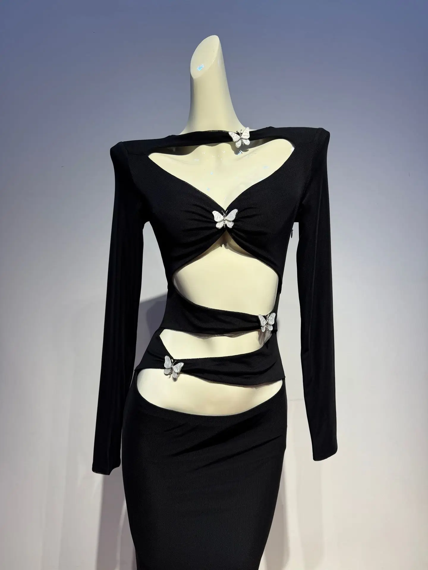 2026 여성 섹시 긴 소매 컷아웃 다이아몬드 나비 블랙 롱 밴디지 드레스 우아한 이브닝 클럽 파티 드레스