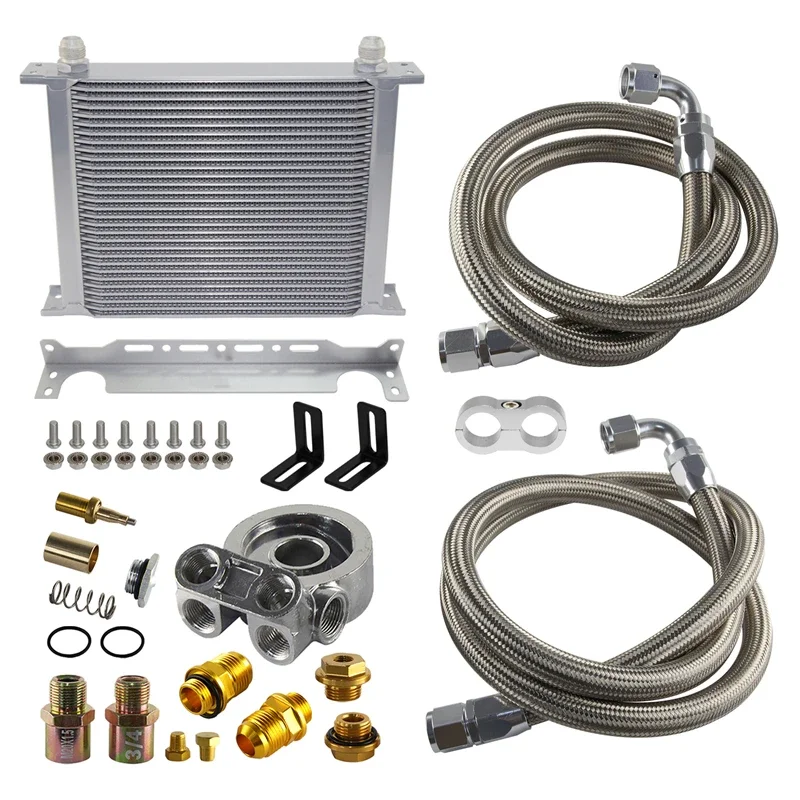 30 Row Oil Cooler Kit Universal Performance Thermostatic 70 Degree with Mount Bracket & 10AN Fuel Hoses