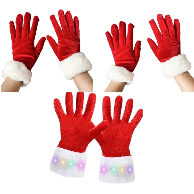 

Adult Santa Gloves Full Finger Mitten Stretchy Gloves with LED White Cuffs Decor DXAA