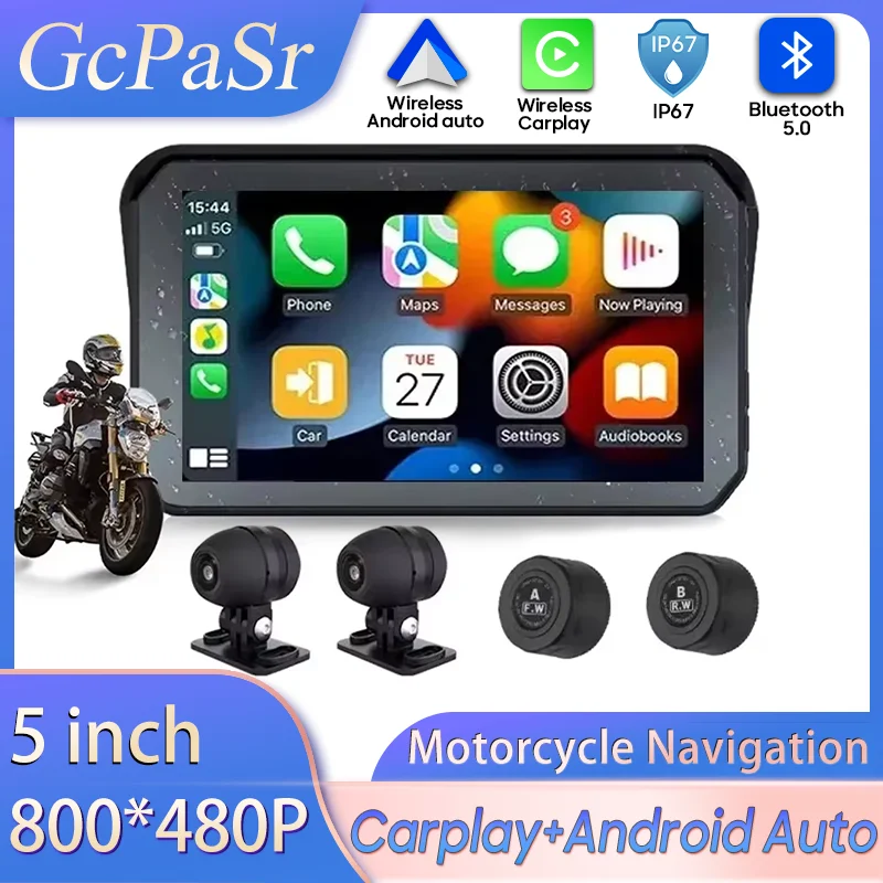 

Motorcycles Navigation GPS 5 inch DVR Wireless CarPlay Android Auto Portable Smart Display IPX7 Waterproof HD Recording Camera