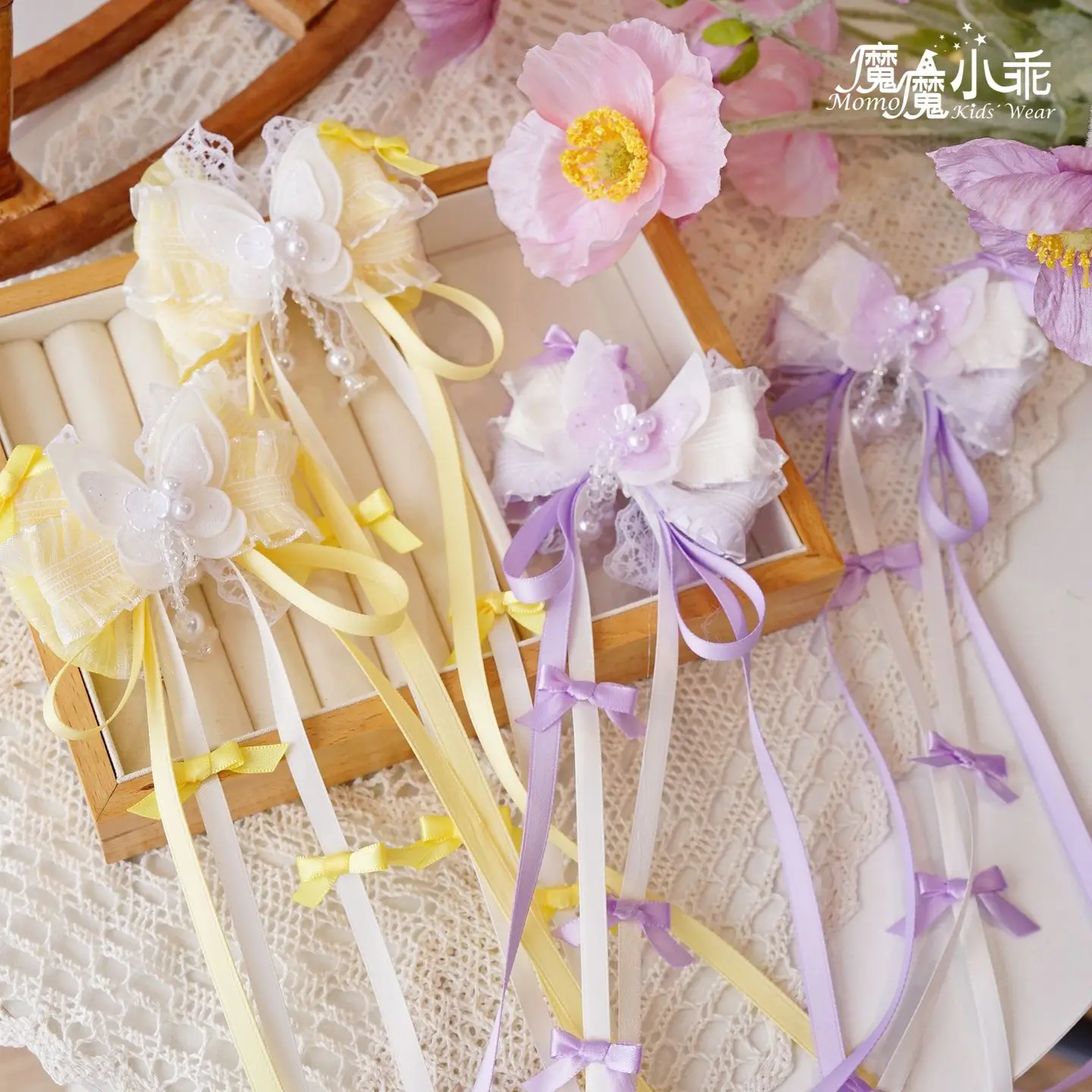 Girls Hanfu Hair Accessories Ancient-style Bow Hair Clips with Flowing Ribbons Fairy Tassel Bobble Headpieces Pair Clip