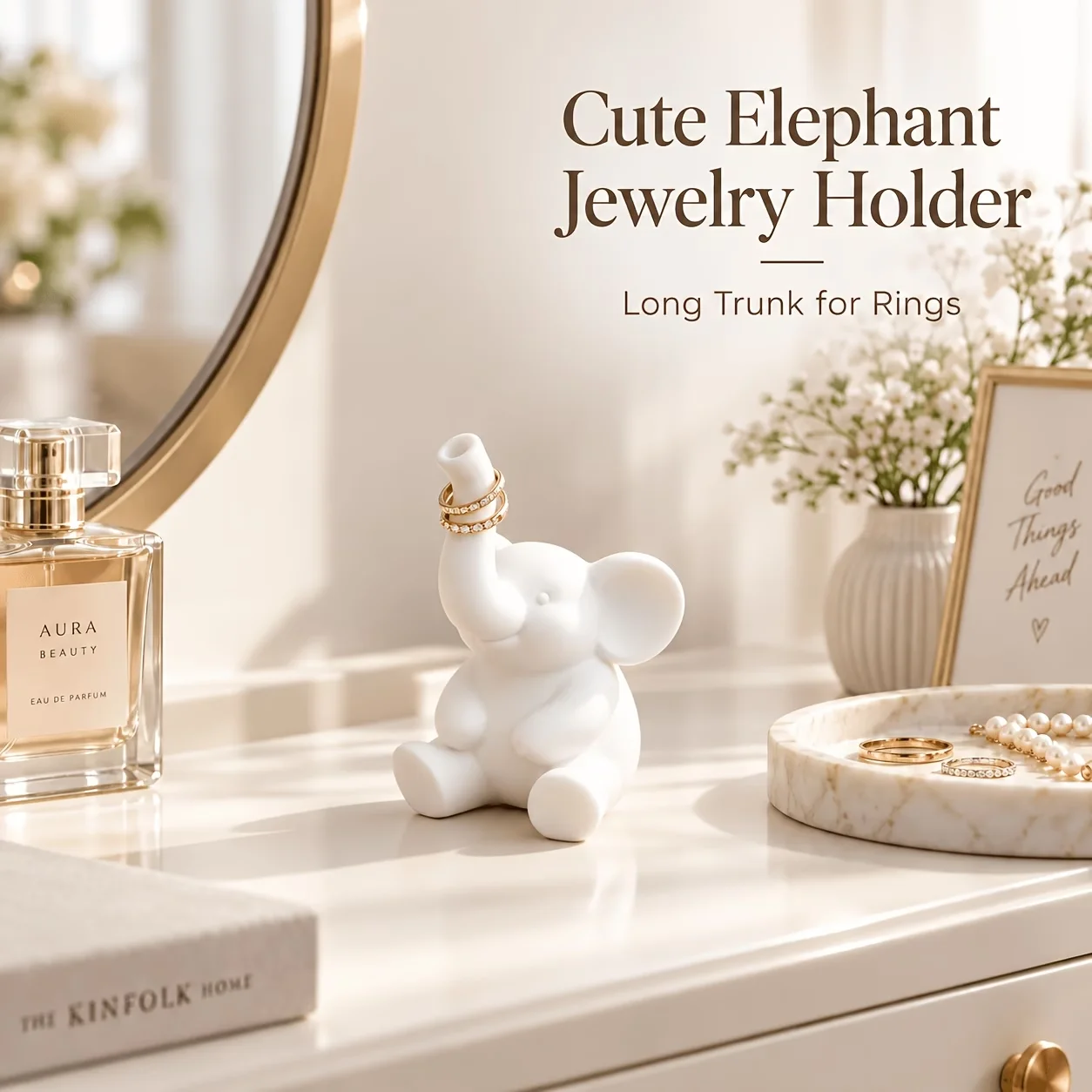 3D Printed Cute Elephant Ring Holder Jewelry Display Stand Creative Trunk Ring Organizer Desk Decoration