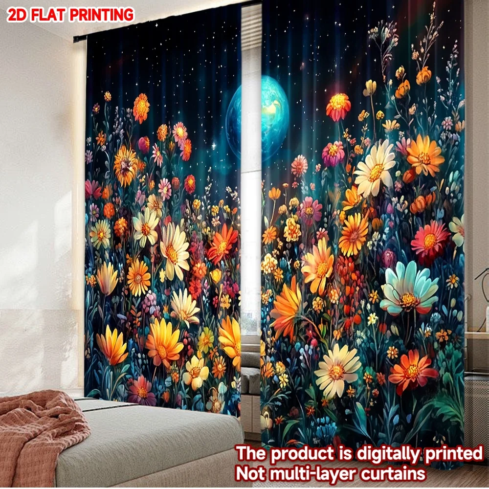 2D flat printing 2pcs Curtain Window Treatment Curtains Cosmic Floral Nighttime Bliss Digital Printed Polyester Drapes Festive