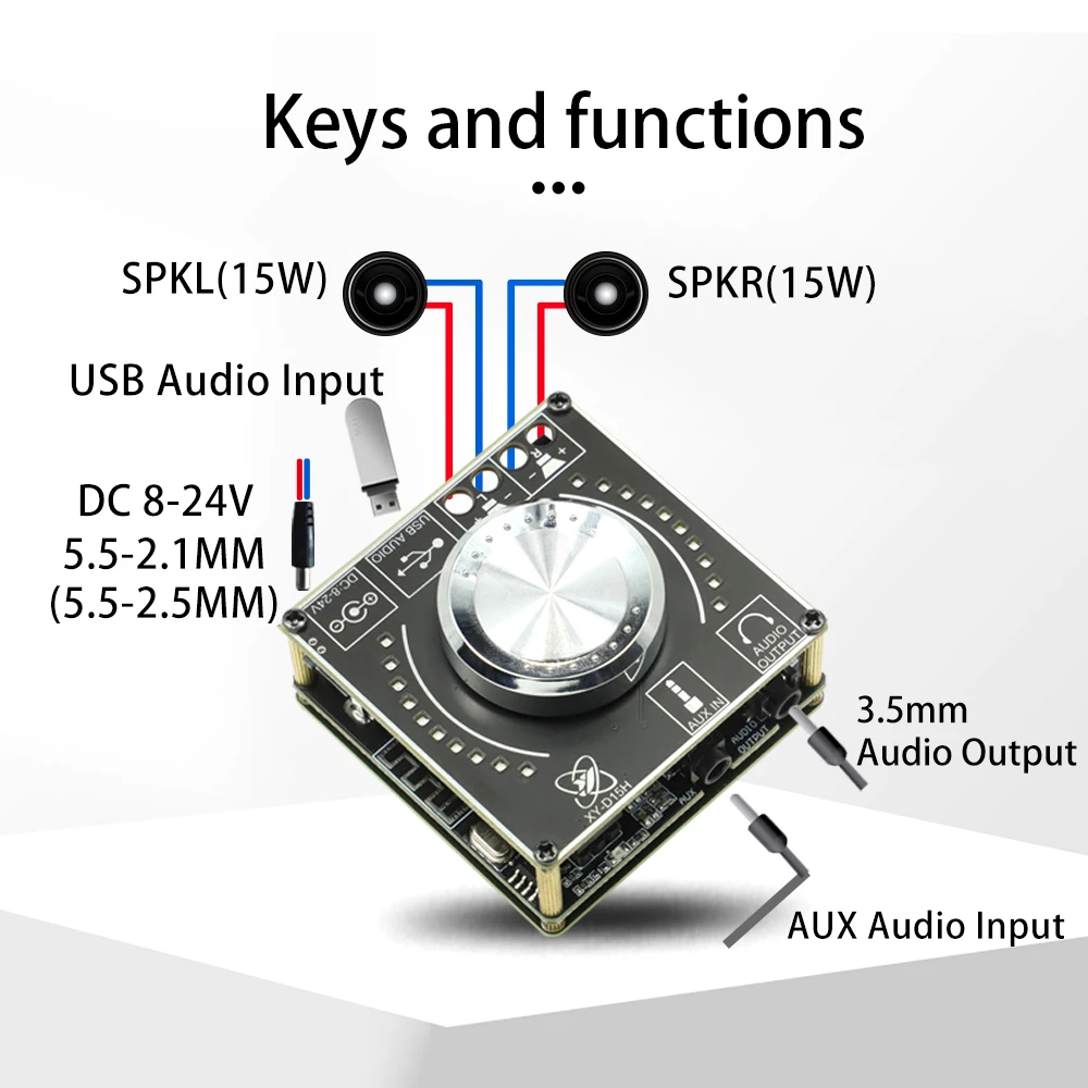 XY-D15H Stereo Sound Power Amplifier Board Bluetooth Digital Amplifier With Spectral Volume 2X10W/15W/20W DC8-24V Home Theater