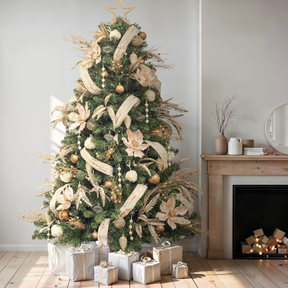 شجرة عيد الميلاد المضاءة مسبقًا باللون الذهبي الشامبانيا بطول 7 أقدام مع زخارف شاملة #3