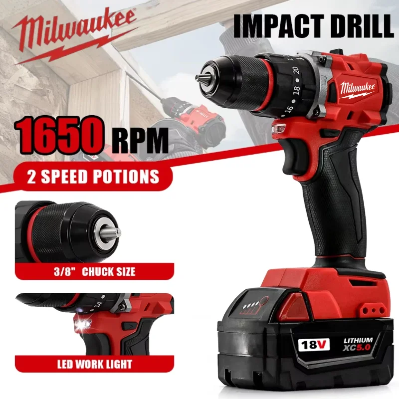 Milwaukee 150N.m Bor Impak Tanpa Kabel Bor Listrik Tanpa Kabel 20+3 Torsi Bor Kecil Palu Multifungsi Alat Tenaga