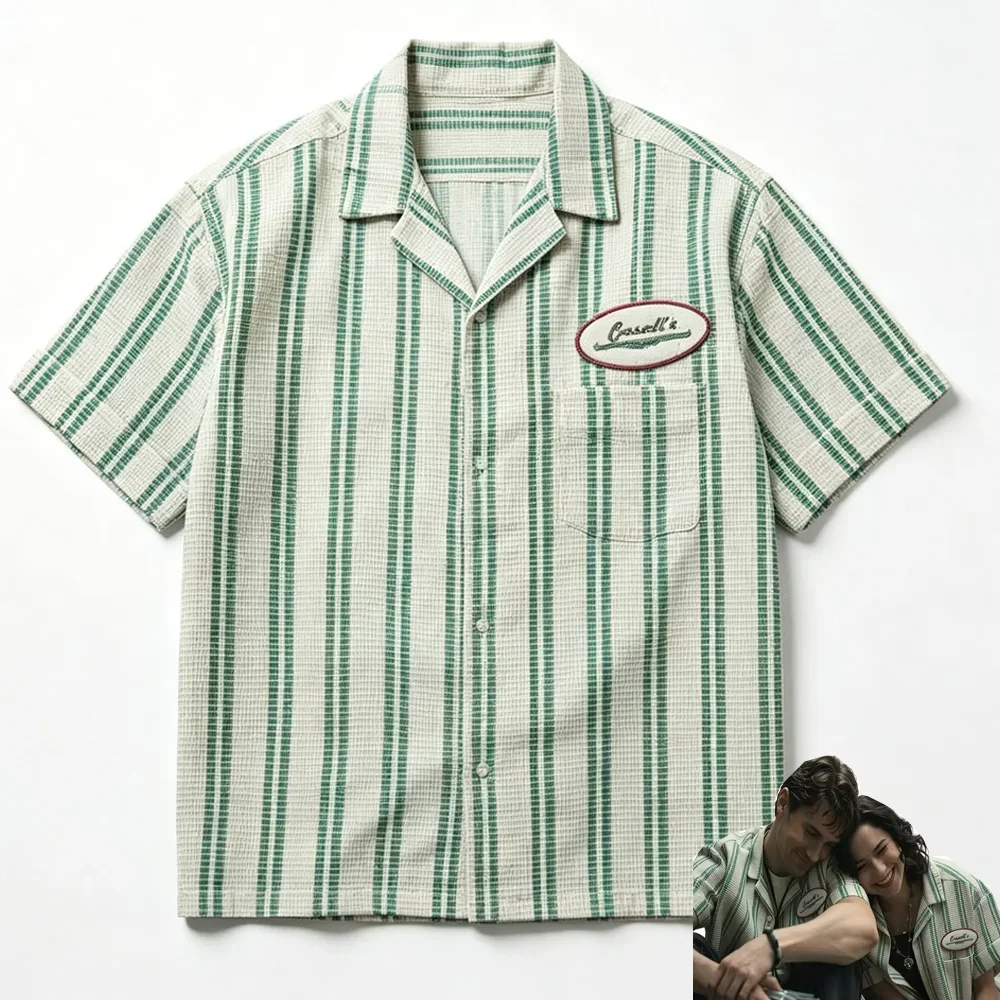 Obsession Movie Cassell's Music Staff Bear Cosplay Costume Shirt White Green Vertical Striped Short Sleeve Top Halloween Disguis
