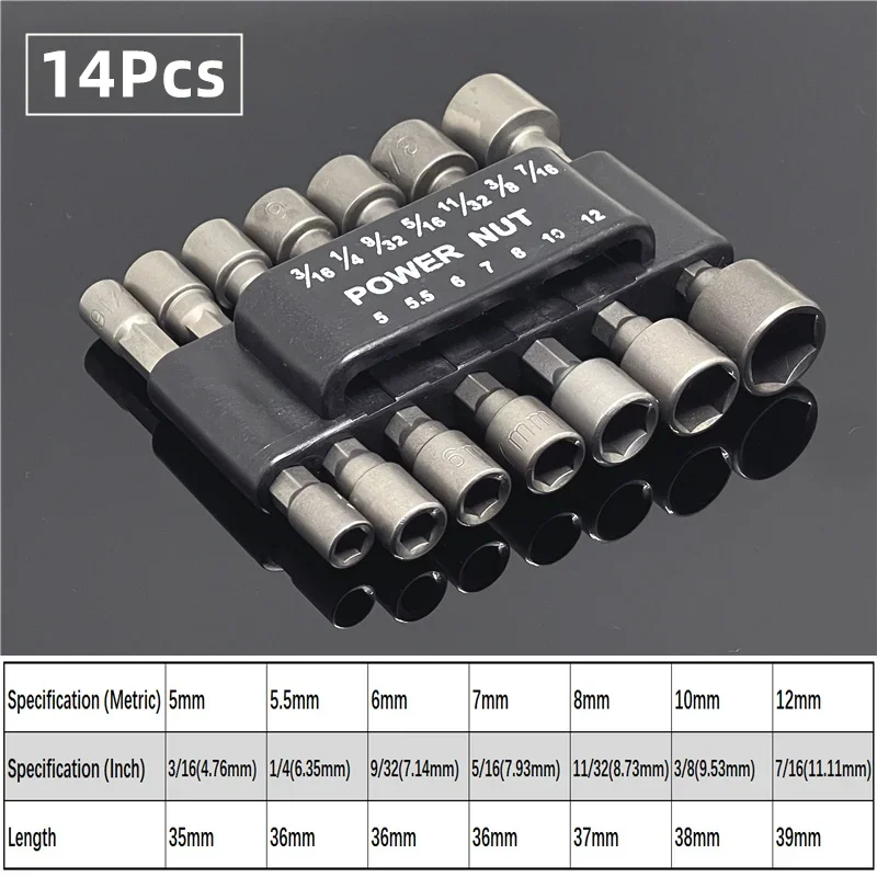 9/14 ชิ้น Power Nuts Driver เจาะ Bit1/4 Hex Shank CRV ไขควง Nutdriver Socket Bit เครื่องมือไฟฟ้า
