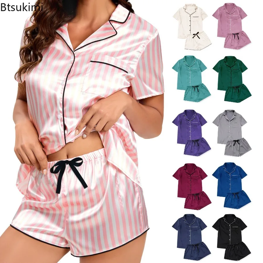

Women's Stripe Satin Casual Pajama Set Solid Short Sleeve Buttons Lapel Top & Shorts Comfortable Relaxed Fit Summer Nightwear