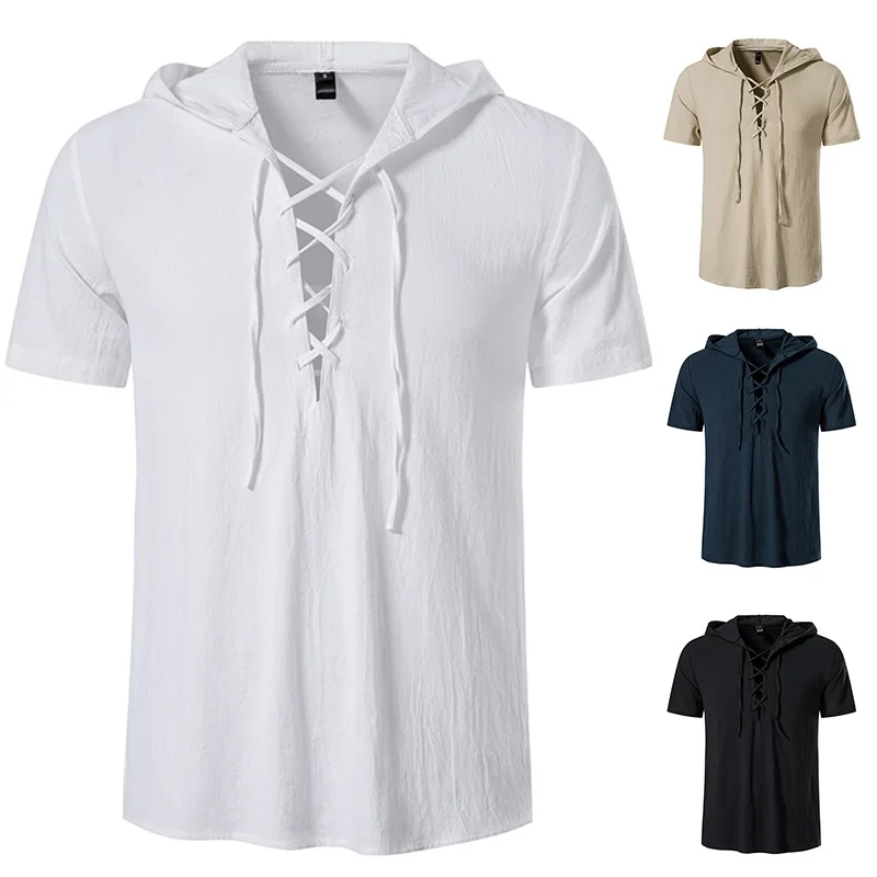 

Men's Short Sleeve Shirt Cotton Hooded Lace-up Beach Casual Summer Shirt Top