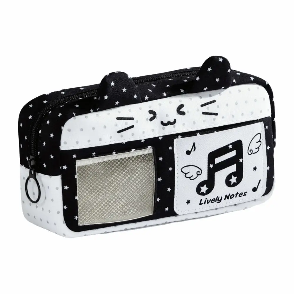 Cat Ear Design Pencil Case Music Note Star Print with Clear Window Pen Bag Multi Compartment Large Capacity Stationery Organizer