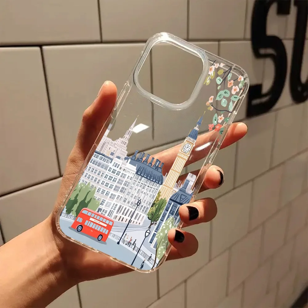 Affascinante paesaggio urbano di Londra con fiori rosa Custodia trasparente per iPhone 17 16 15 14 13 12 11 Pro Max XS XR 7 8 Plus