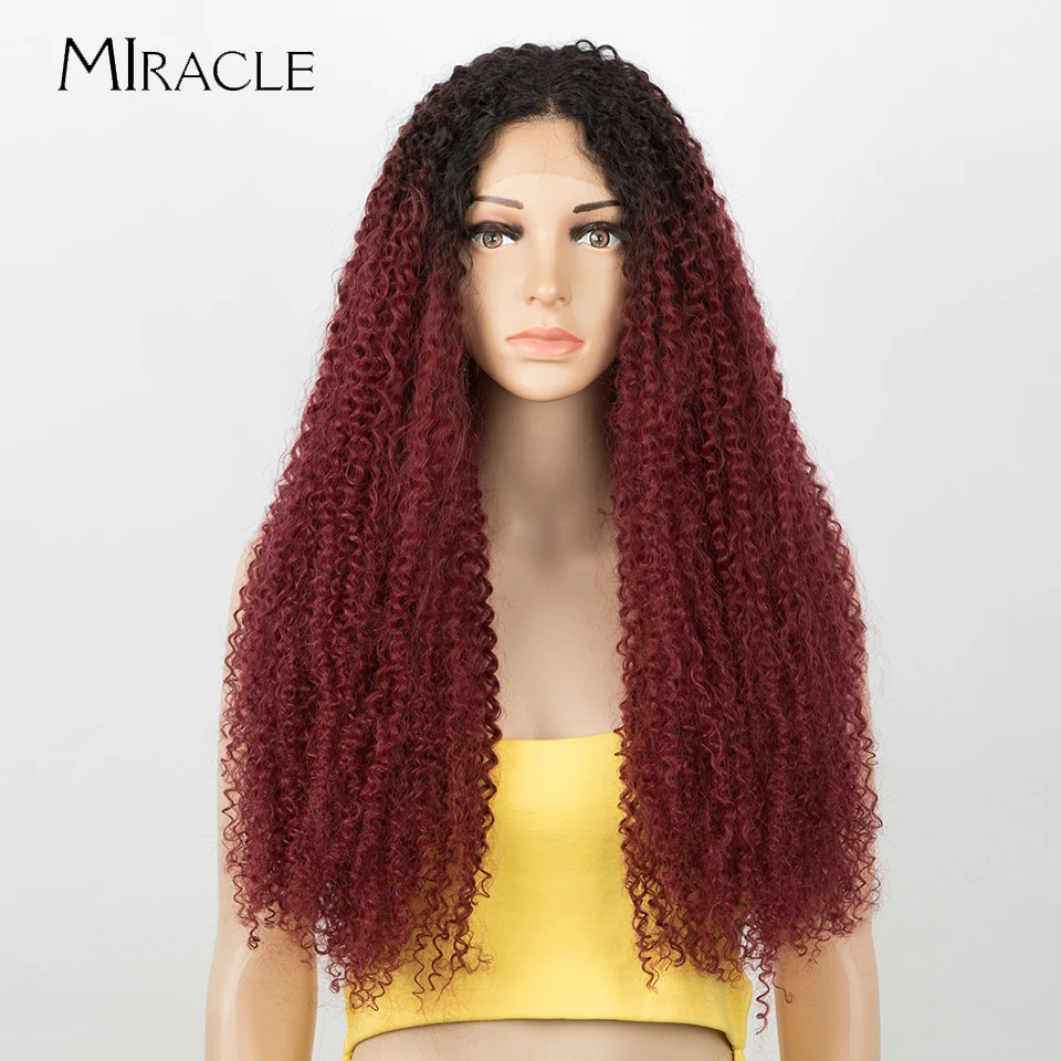 

MIRACLE Synthetic Lace Front Wigs Long Kinky Curly Wigs for Women Black Red Gradient 613 Synthetic Lace Wig 27 Inch False Hair