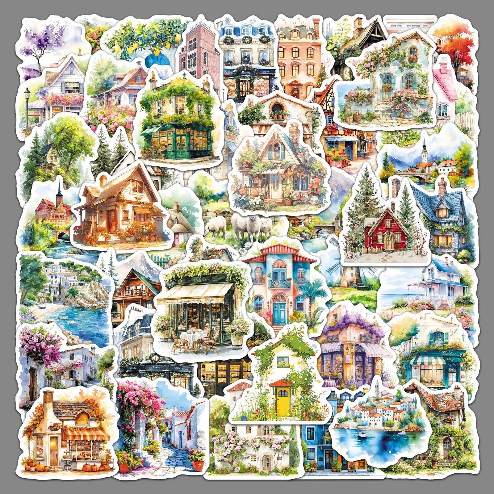 

50PCS Watercolor Cottage Stickers Aesthetic European Architecture Landscape Decorative Phone Case Waterproof Stickers Kids Toy
