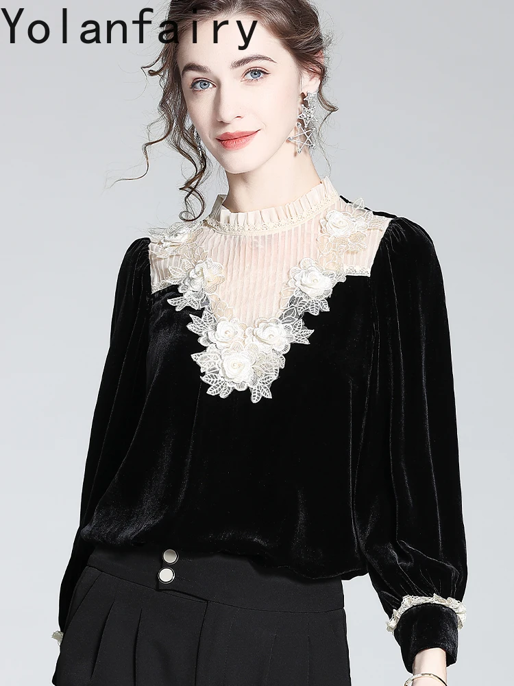 Yolanfairy 80% viscose 20% blusa de seda amoreira para mulher outono rendas retalhos camisa feminina elegante senhoras blusas topos