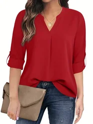 Plus Size 1XL-8XL Casual T-shirt Women's Plus Solid Notched Neck Three Quarter Sleeve With Button Decor Slight Stretch Blouse