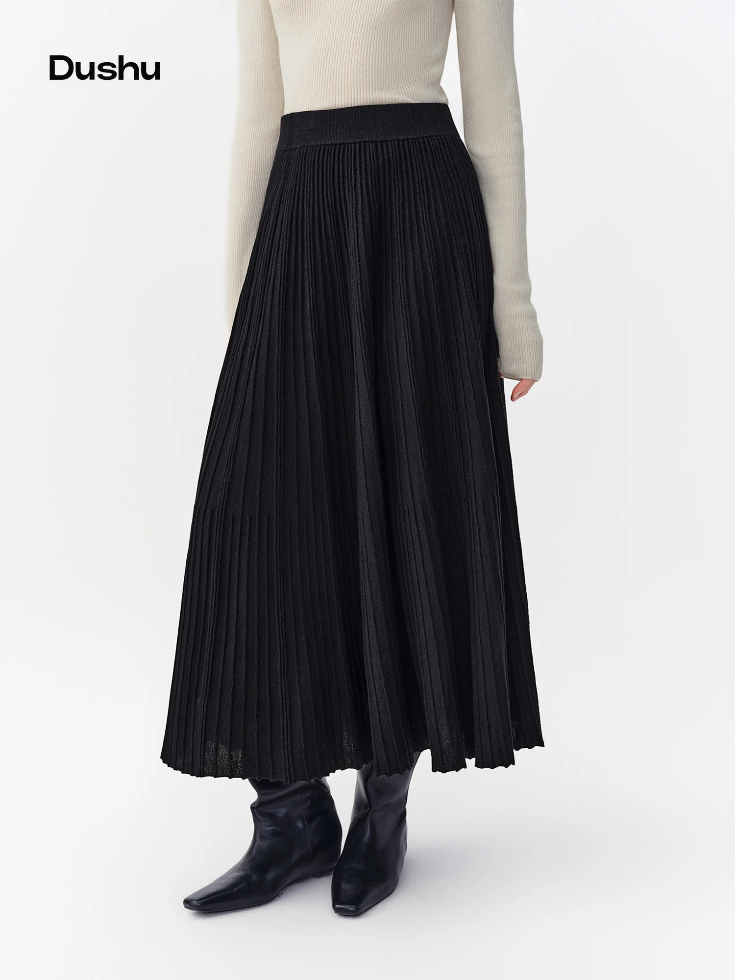 DUSHU 2026 Winter Women's Chic Elegant Textured Wave Wool Knit A-Line Umbrella Skirt - Soft Cozy Versatile for Daily Wear