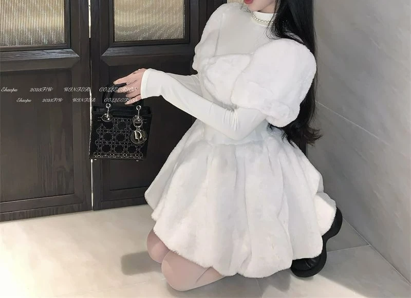 Sweet Temperament Bowknot Furry Patchwork Princess Dress Autumn New Christmas Waist-Slimming Flower Bud Fairy Short Dress