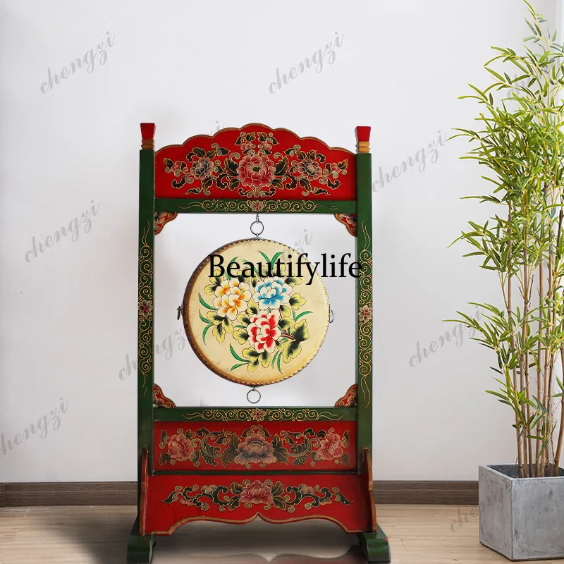 Painted solid wood drum frame, solid wood frame war drum vertical type, integrated temple and temple drums