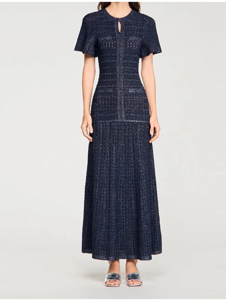 Elegante Vestido Maxi de Punto de Lujo con Cuello de Agujero, Botones y Corte en A, Vestidos Largos para Mujer, Primavera, Formal, Fiesta, Oficina, Estilo Retro