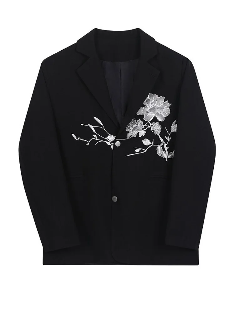 [EAM]  Women Black Embroidery Flower Big Size Blazer New Lapel Long Sleeve Loose Fit Jacket Fashion Spring Autumn 2024 1DF3628