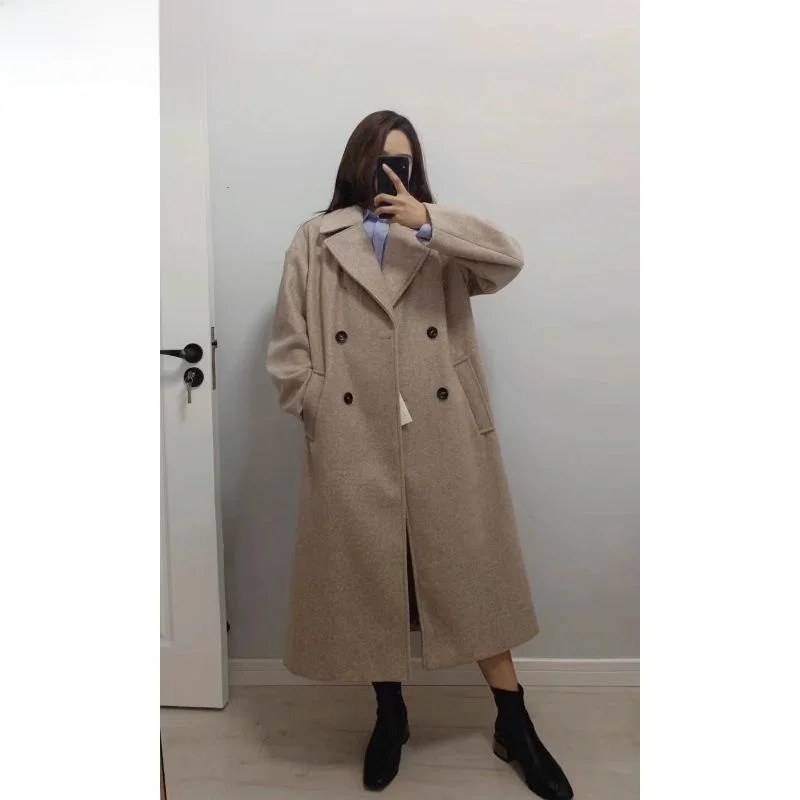 

Loose Women's Coat Autumn Winter New Sle Korean Version Double Breasted Long Sve Thiened Woolen Outerwear