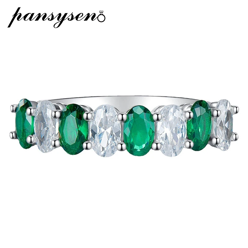 

PANSYSEN 100% 925 Sterling Silver Oval Cut Emerald High Carbon Diamond Ring for Women Cockail Party Fine Jewelry Gift Wholesale