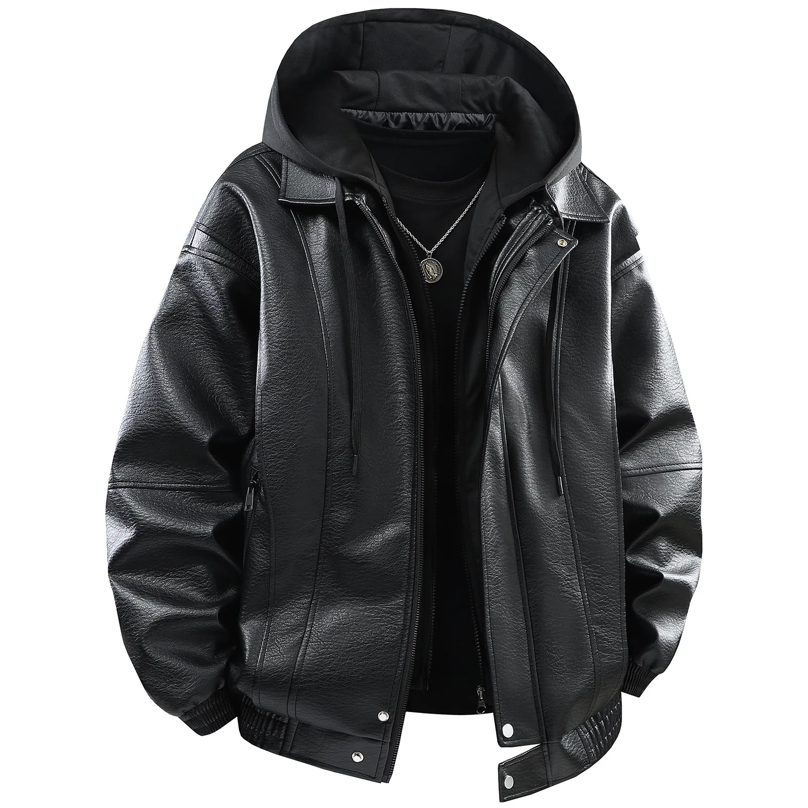 

Fake Two-Piece Hooded For Men, Trendy 2026 Fall/Winter New Style, Loose Thick Youth Casual Motorcycle Leather Jacket