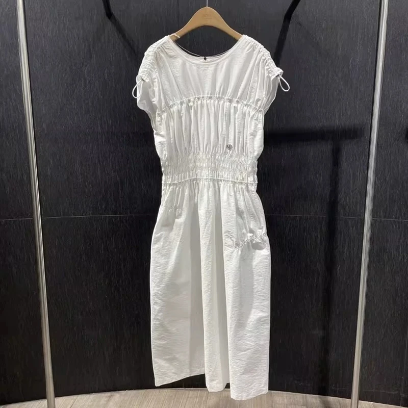 

Summer Long High Waist Pleated Pure Color Dress Korean Style Casual Cotton Blend Dress with 3D Pleats And Short Sleeves