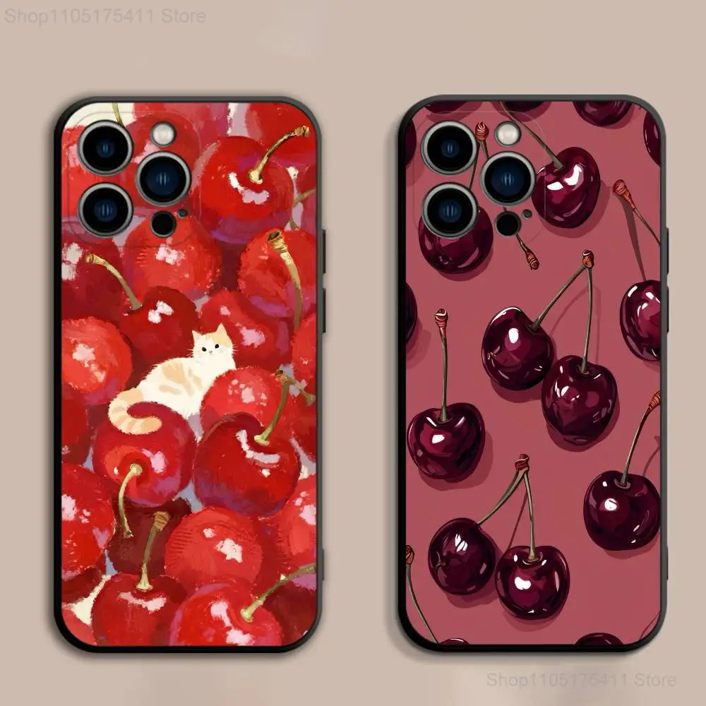 

Fashion Cherry Pattern Phone Case For iPhone 17,16,15,14,13,12,11,Pro,Max,Plus,E,SE4,Air,Mini Black Soft Cover