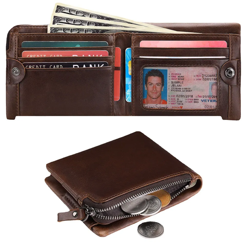 Men's Wallet RFID Anti-theft Brush Leather Short Wallet with Multiple Card Slots, Retro Zipper Wallet, 20% Discount Coin Purse