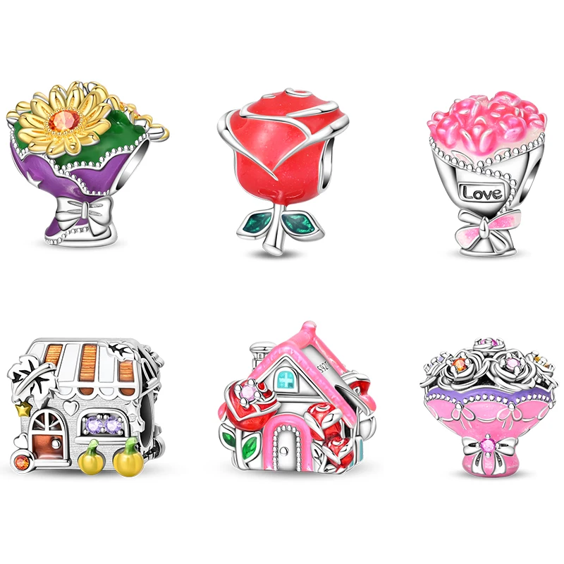 Original S925 Silber Überzogene Romantische Blume Haus Rose Charms Perlen Fit Original Armband Feine DIY Geburtstag Schmuck Geschenk