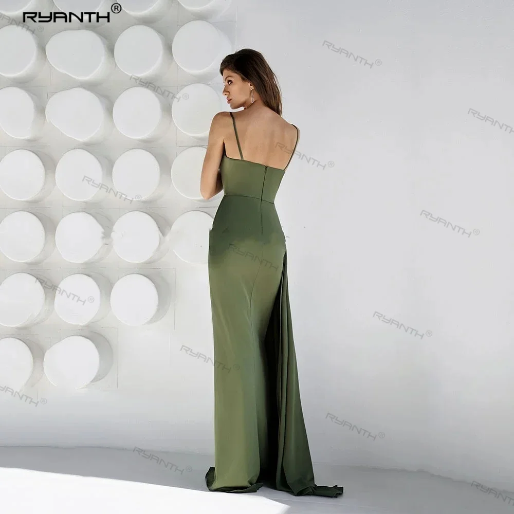 Ryanth-Robe de Soirée en Satin Vert Olive, Fente Haute, Bretelles Spaghetti, Col en V, Sirène, Bal de Promo, Éducatif, Froncé, 2023