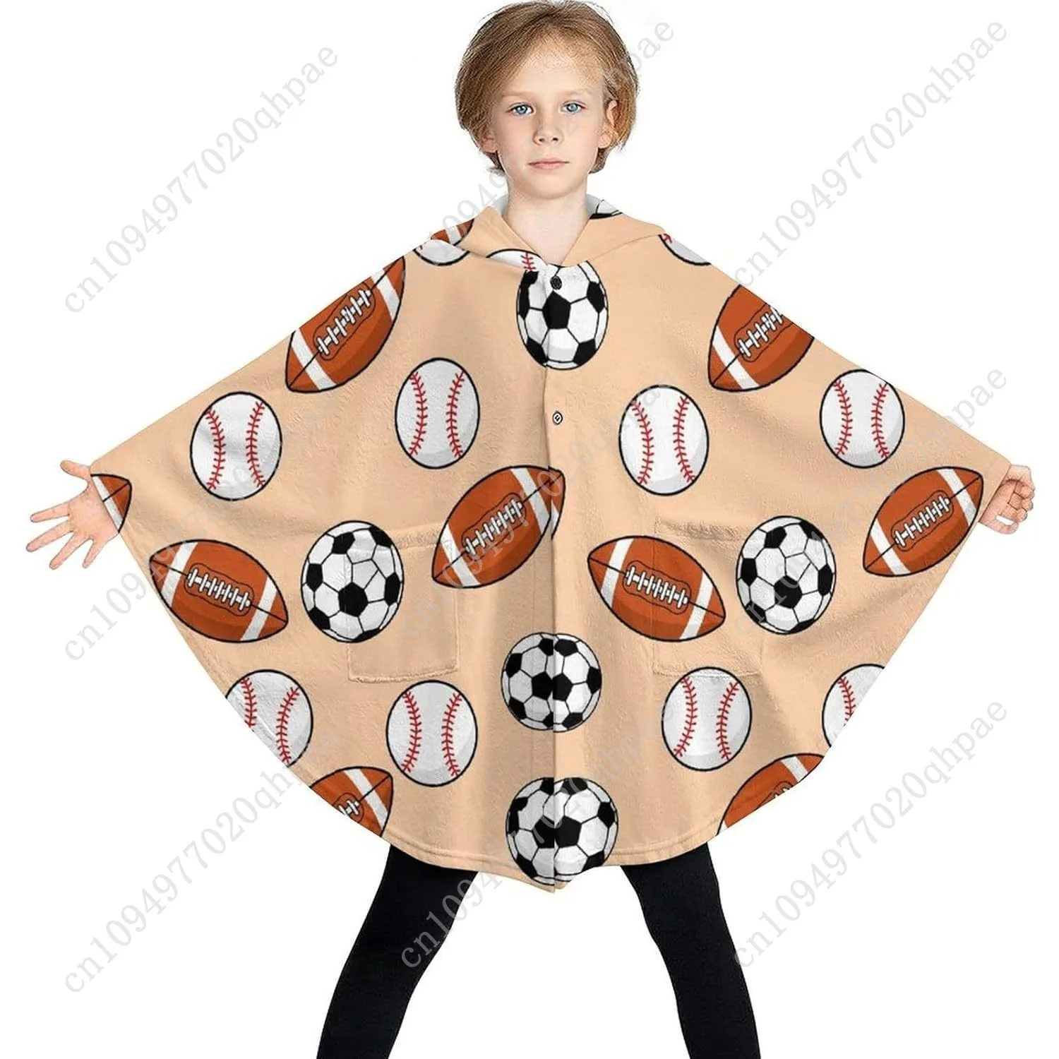 아늑한 플란넬 담요 스웨터, 스포츠 공 패턴의 포켓이 있는 오버사이즈 후드티, 어린이 및 청소년용