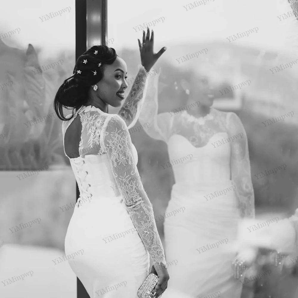 فساتين زفاف قصيرة عاجية كم كامل غمد/عمود ثوب زفاف للنساء 2026 العروس س الرقبة الدانتيل ميدي فستان عروس مخصص