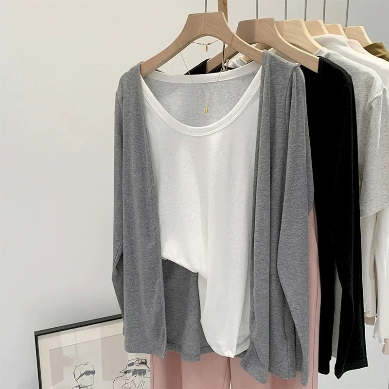 Autumn New Thin Knit Cardigan Women Long Sleeve Open Front Loose Soft Cardigans Outerwear Gray Simple Casual Sun Protection Coat