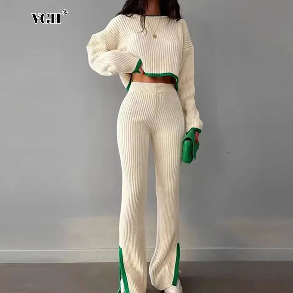 

VGH Knitted Two Piece Set For Women O Neck Flare Sleeve Autumn Short Sweater High Waist Split Wide Leg Pants Casual Suit Female