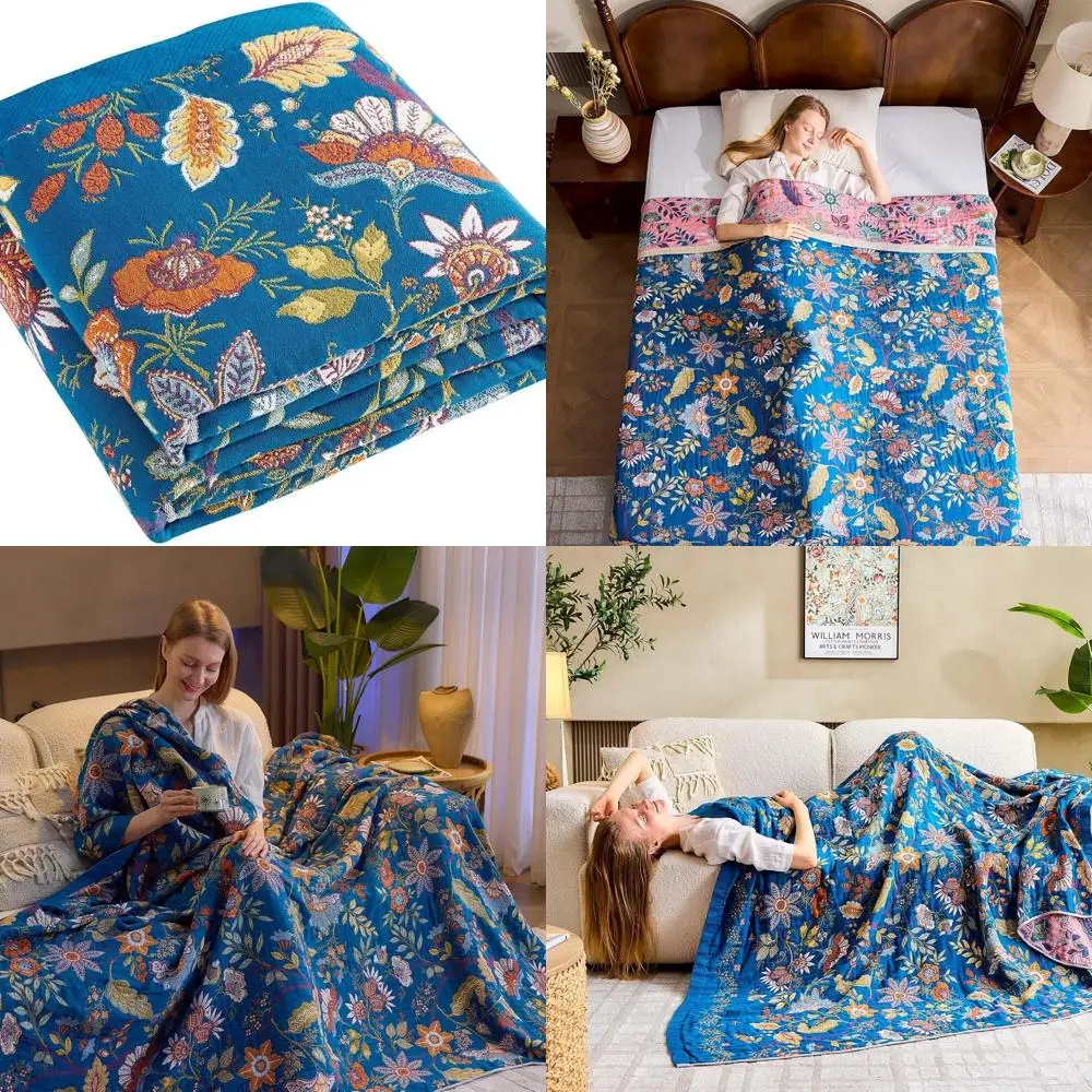 

Blue Bohemian Cotton Muslin Reversible Throw Blanket, 80x90, Breathable Farmhouse Style