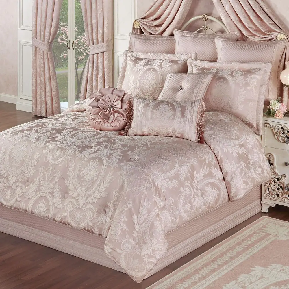 

Luxury Bedding Soft Pearl and Pastel Blush Pink Hues Puff JacquardWoven Traditional Floral Bouquets 7 Pc Bed Set Queen Comforte