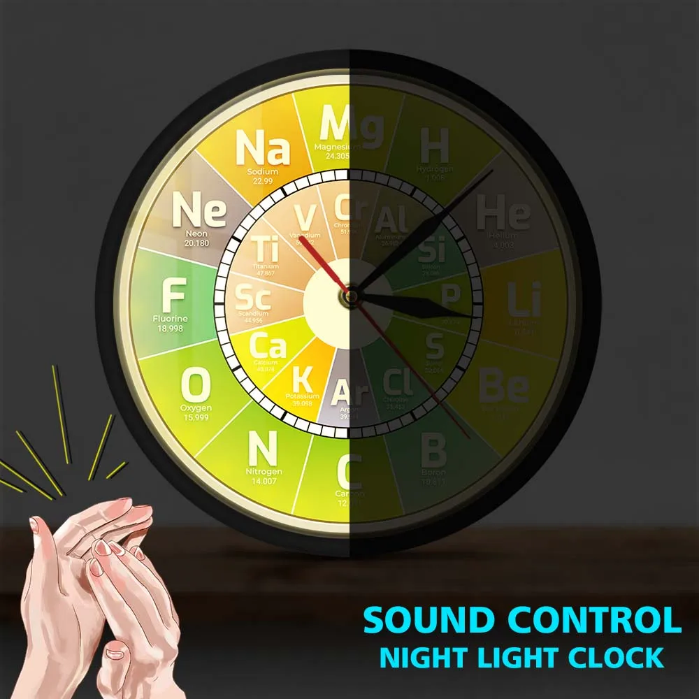 Imagem -02 - Tempo de Chem Metal Quadro Relógio de Parede Tabela Periódica Elementos da Ciência Relógio de Parede Silencioso Química Elemental Exibição Professores Presente