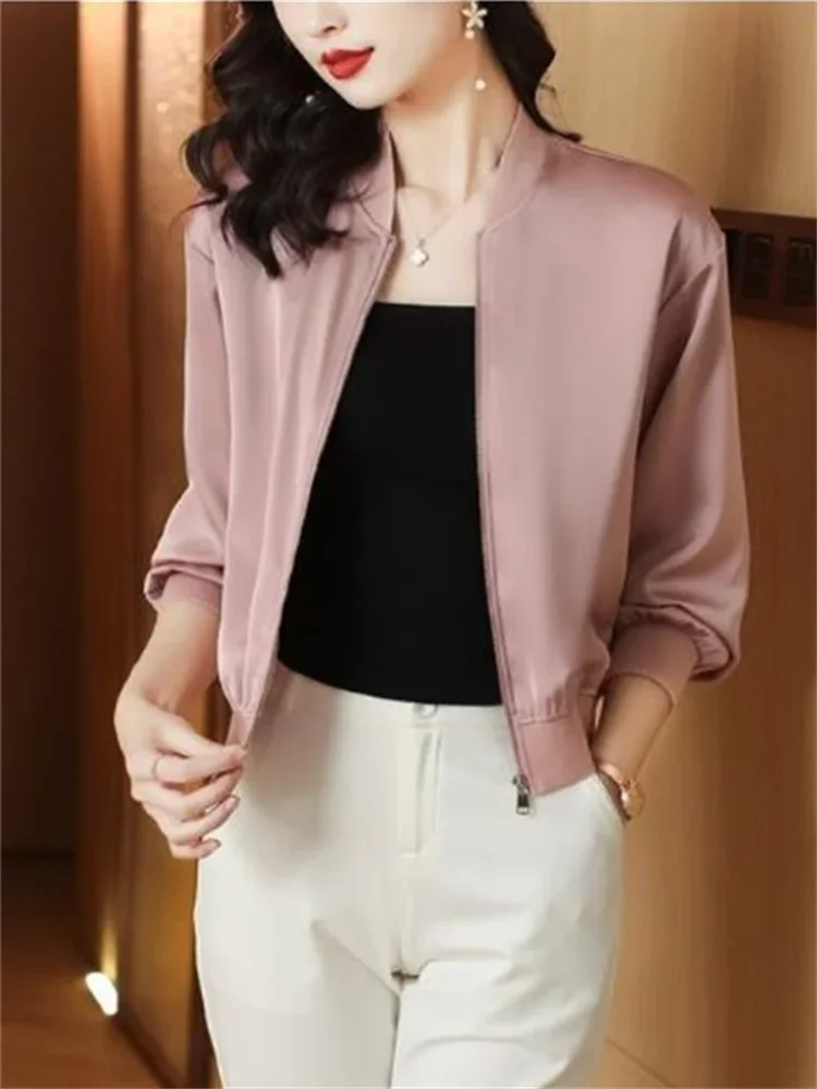 Silk Short Jacket Woman Coat Loose Satin Outwear Solid Color Cloth Zip Baseball Jacket Spring Autumn Clothes Thin Female Jacket