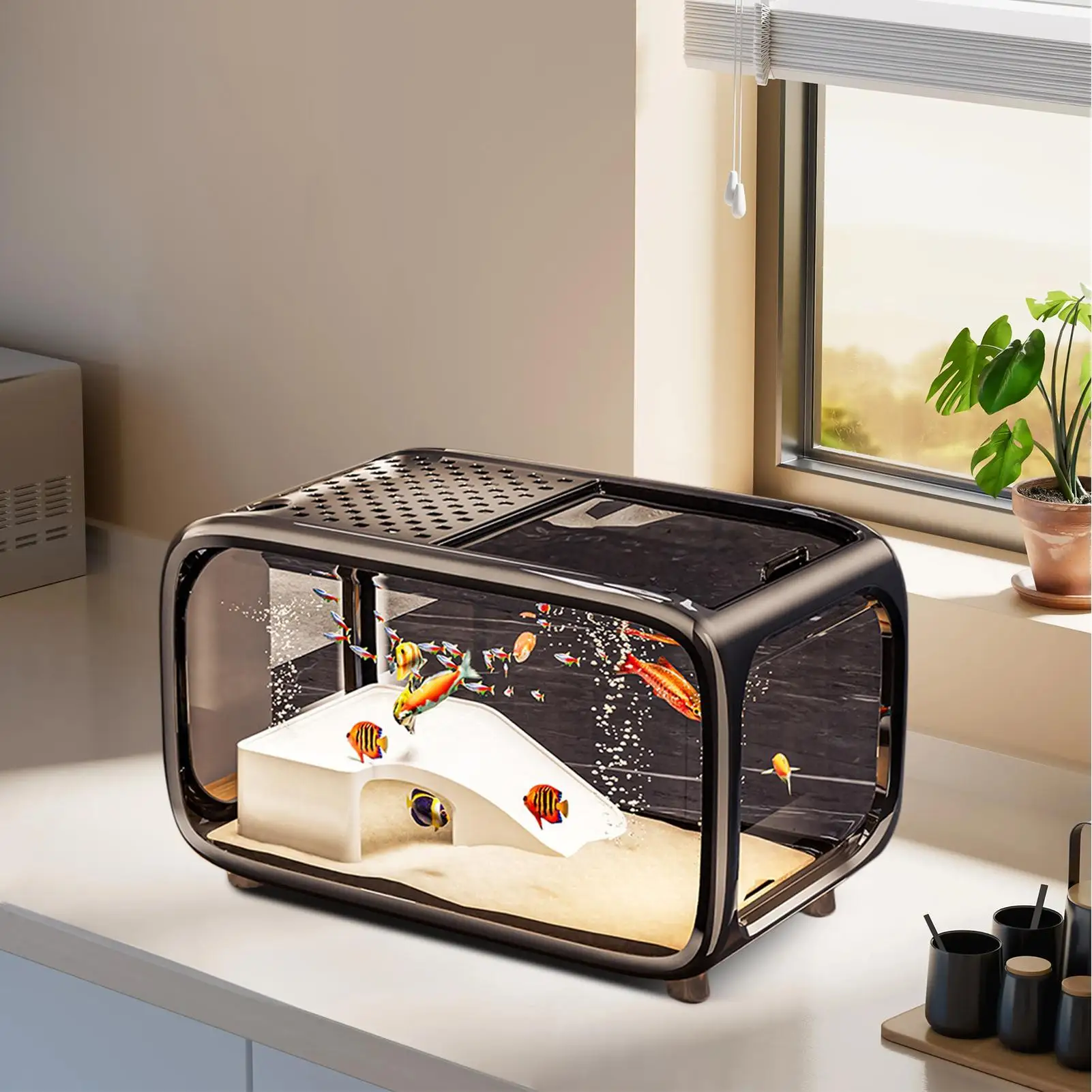 Fish Tank Desktop Fish Bowl Turtle Tank With Climbing Decor Clear Acrylic Landscape Container Bowl With Top Feeding Hole For