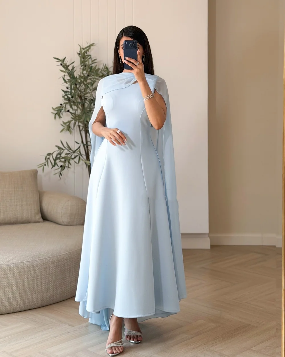 

Customized Sky Blue Simple Jersey Pleat Ruched Shawl A-line Scoop Neck Ankle Length Evening Dresses Sizes Available Classic
