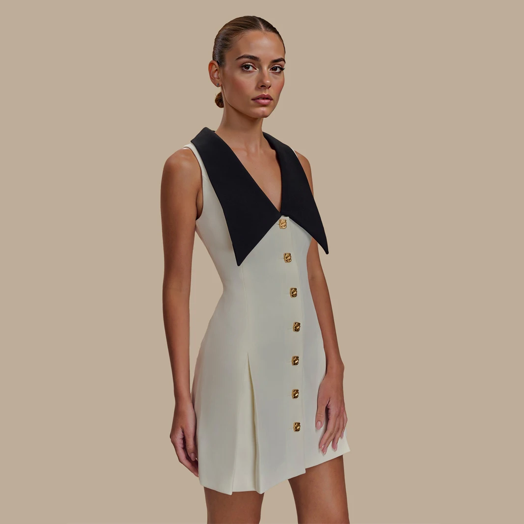 

Sleeveless Contrast Pleated Mini Dress Sexy Lady Verstido Spring Summer Single Breasted Women A Line Party Club Short Dress