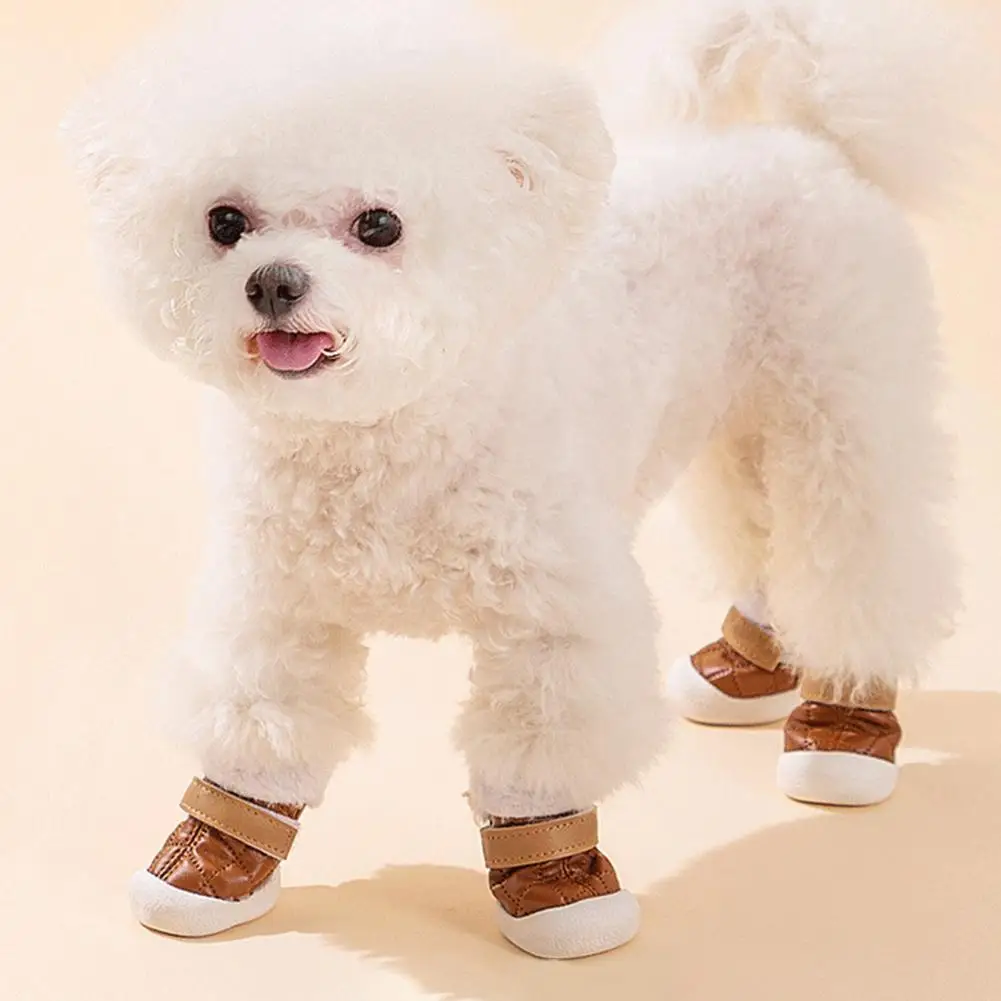 4Pcs Pet Shoes For Dogs Adjustable Contrasting Color Keep Warm Plush Small Dog Winter Thicken Snow Boots Pet Supplies