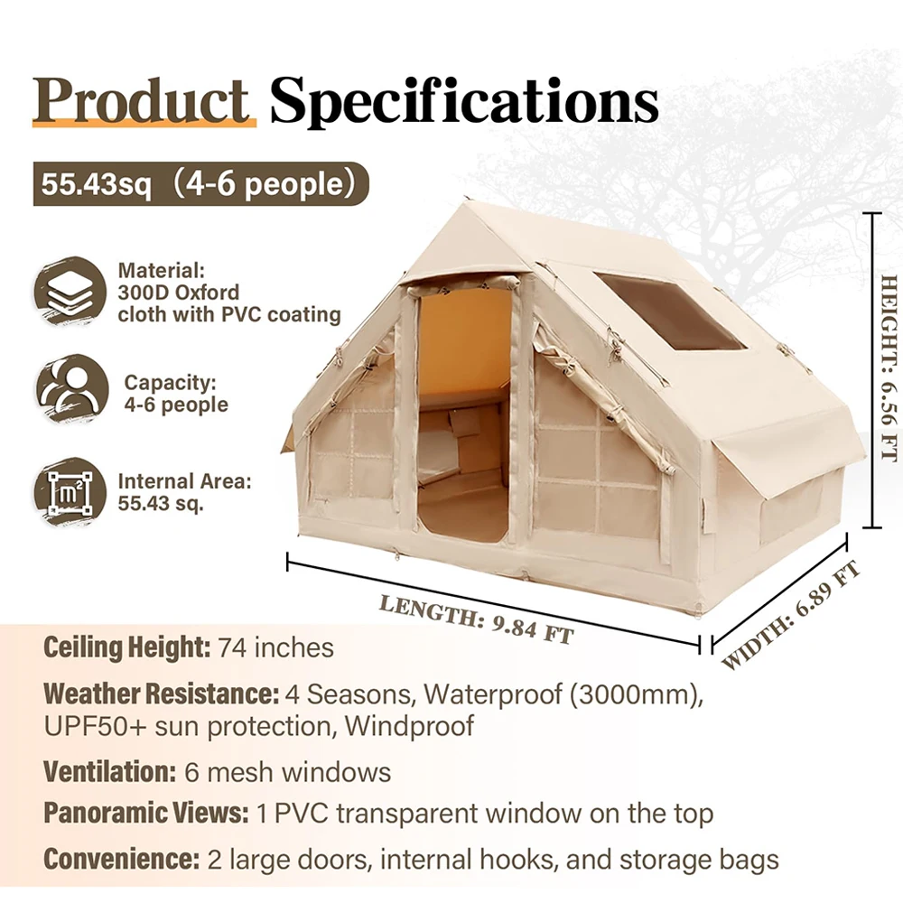 Inflatable Camping Tent 4-8 Person 4-Season Waterproof Windproof Oxford Fabric One Bedroom Quick Automatic Opening Luxury Glampi