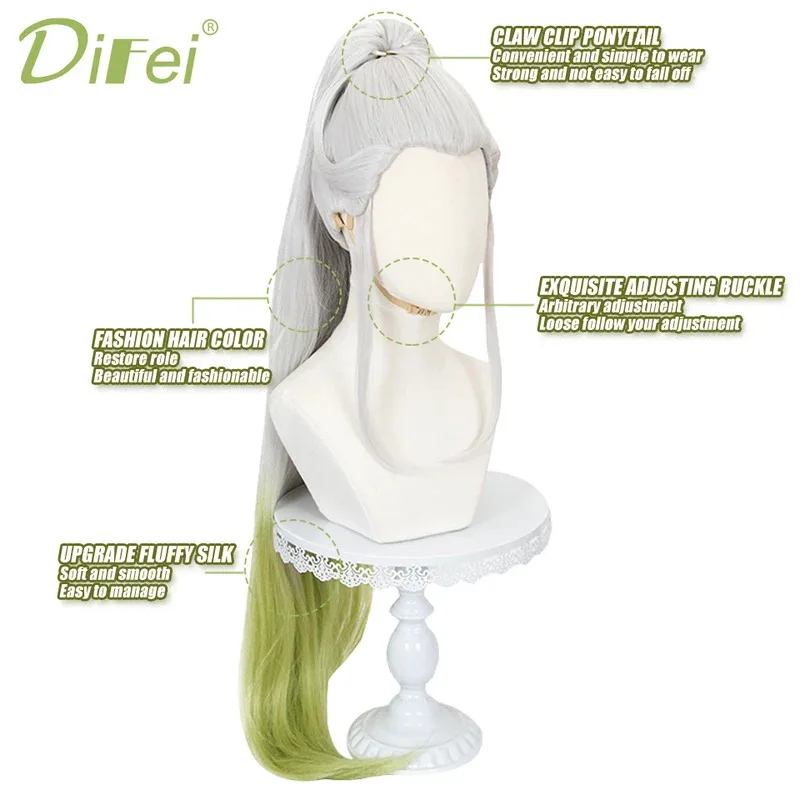 DIFEI Synthetic Female Demon Slayer-Daki Silver-white Gradient Yellow-green Tiger's Mouth Clip Ponytail Cosplay Party Wig